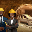 Couple in hard hats in a cave with a carved stone car.