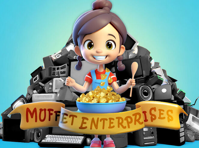 Illustration of Little Miss Muffet in front of e-waste with a bowl of gold.