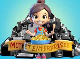 Illustration of Little Miss Muffet in front of e-waste with a bowl of gold.