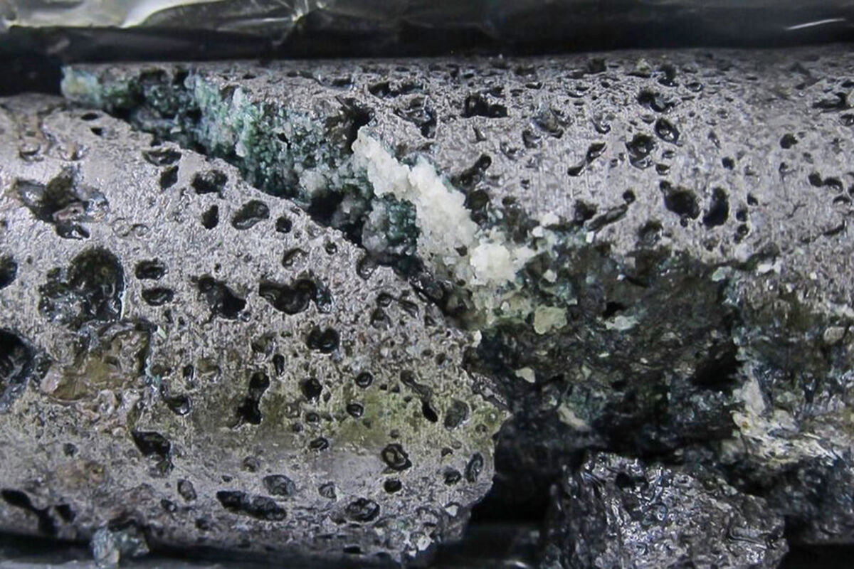 Carbfix core sample with crystals forming from CO2 removal technology.