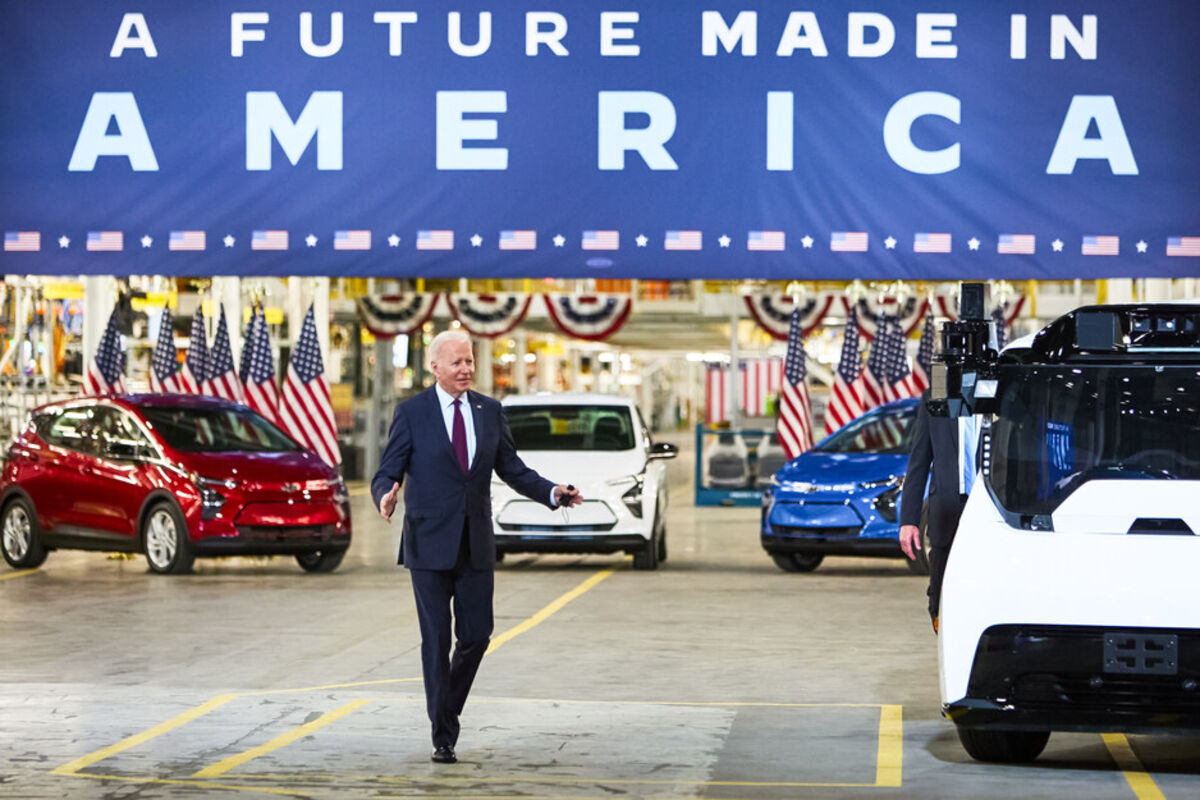 President Joe Biden at a GM auto factory in Michigan.