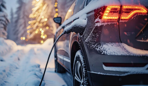 Close-up of an electric vehicle charging on a snowy winter day.