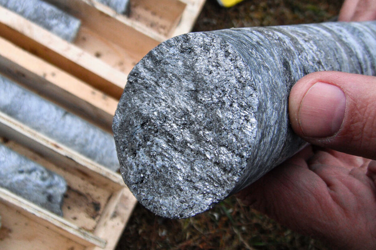 Section of silvery grey core from drilling at Graphite Creek deposit in Alaska.