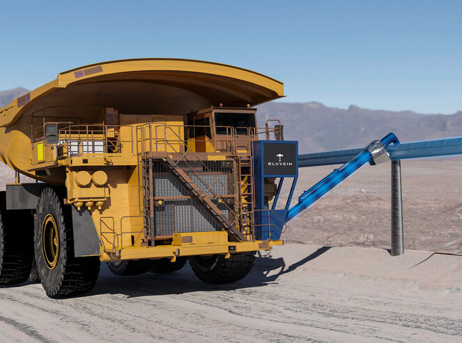 BluVeinXL charging system connecting large mining truck to blue e-rail.