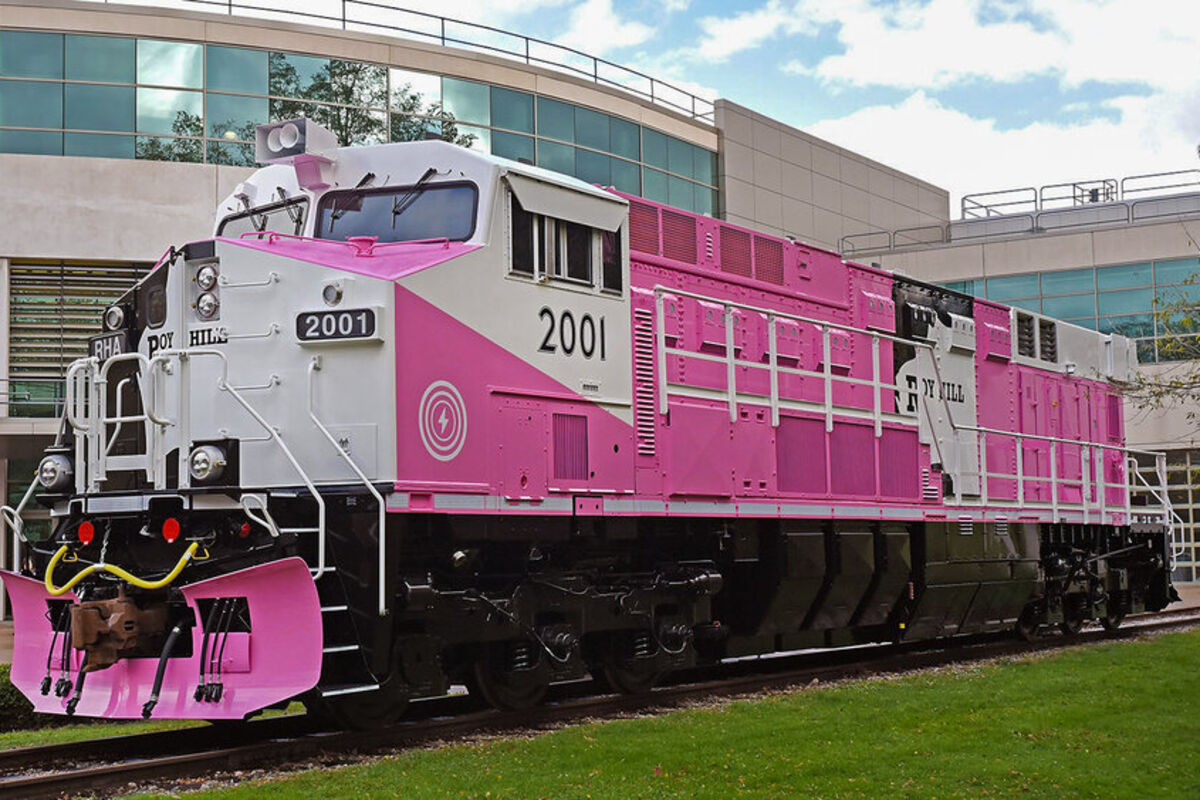 A Wabtec battery-electric motor painted pink for breast cancer awareness.