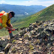 Geologist using hammer to break off a rock sample on a hillside in Alaska.