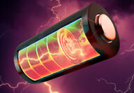 Artist’s rendering of a battery containing liquid and an electric charge.