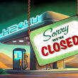 Illustration of defunct H2 fueling station with “Sorry we’re closed” sign.