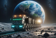 A heavy-duty train operating on the Moon with Earth in the background.