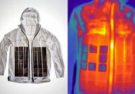 Left shows the prototype Thermal Camouflage Jacket. Right shows it in use.