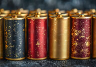 Rows of metallic gold, red, and black battery cells.