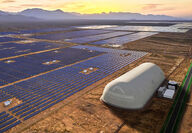 Rendering of Energy Dome CO2 storage system at a large photovoltaic solar farm.