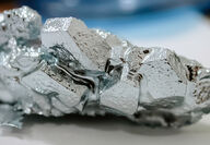 Closeup of silver-colored gallium in its crystallized form.