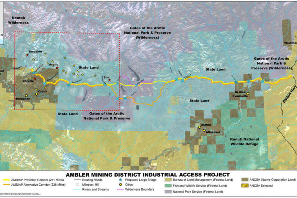 Map showing route of the proposed road to Alaska’s Ambler Mining District.