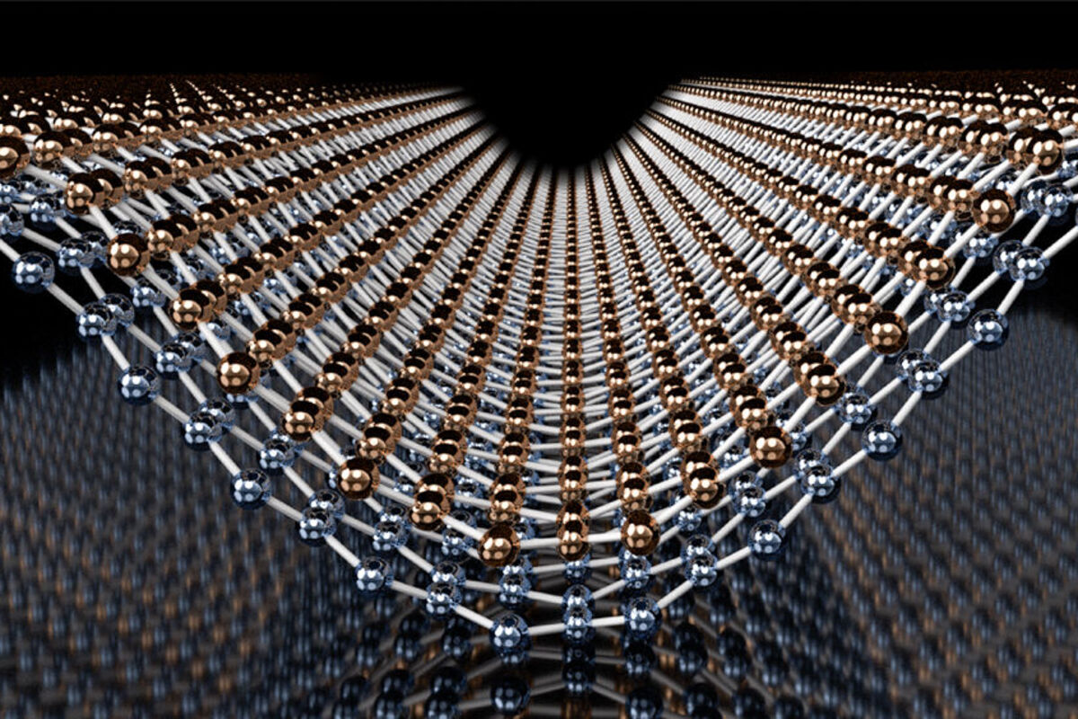 A 3D rendering of interconnected atoms that could function like graphene.