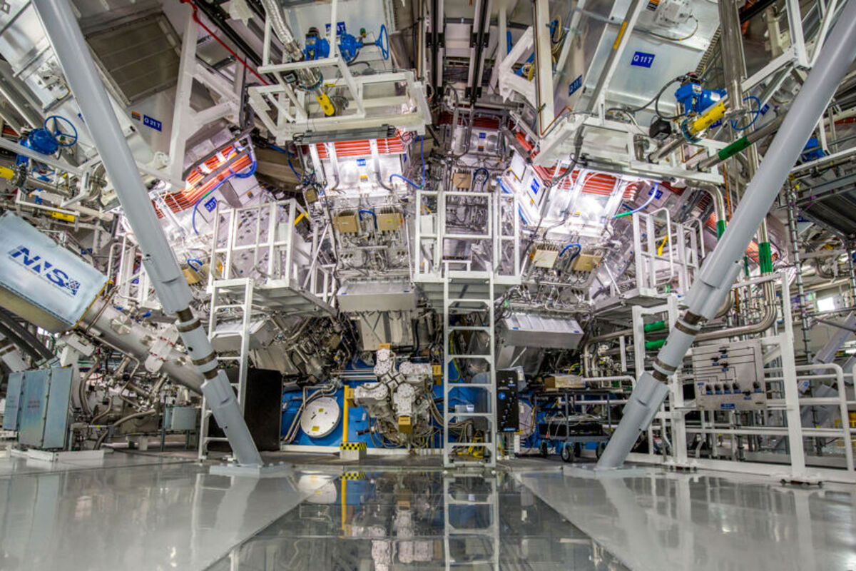 Fusion chamber at LLNL's NIF where 192 lasers delivered more than 2 megajoules.