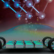 Illustration of EV featuring battery packs and metal atomic structure.