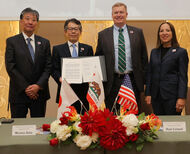 Fuji Electric, CTR, and California officials at signing of geothermal plant MOU.