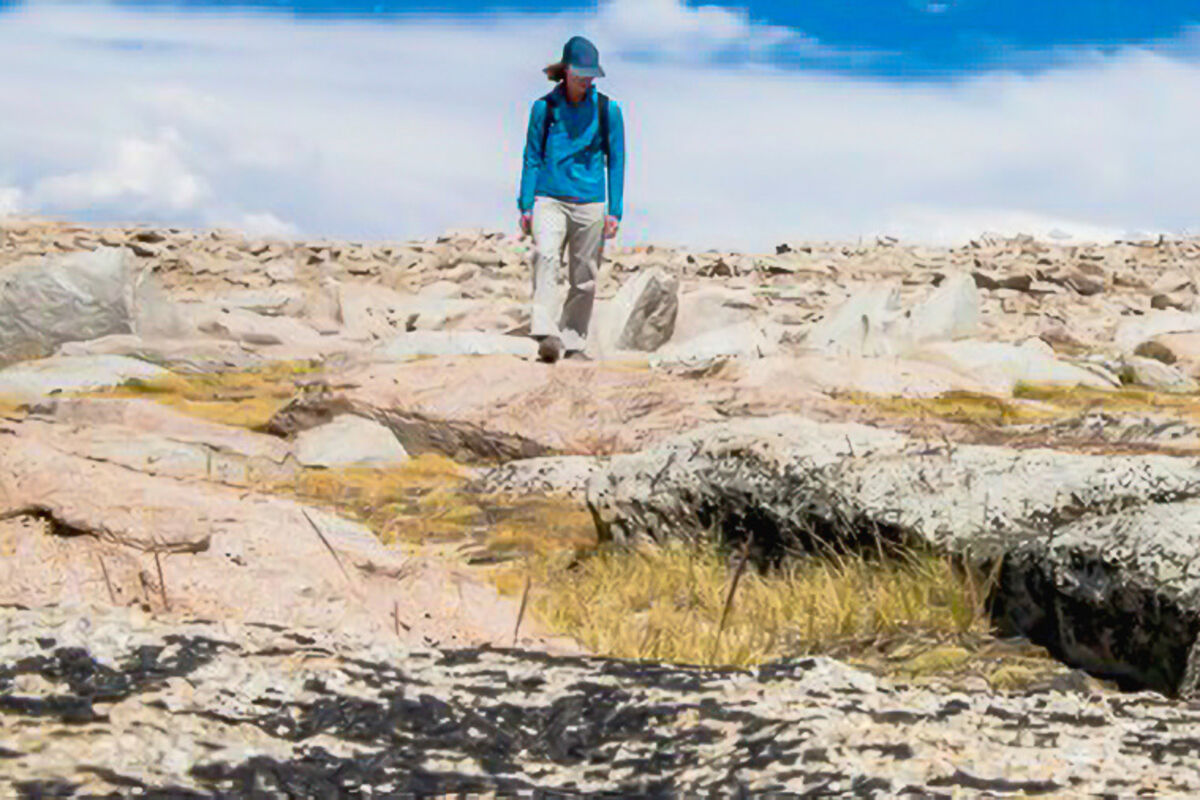A lone geologist explores rock outcrops in an arid environment.
