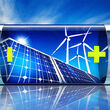 Artistic concept of battery storing wind and solar-generated electricity.
