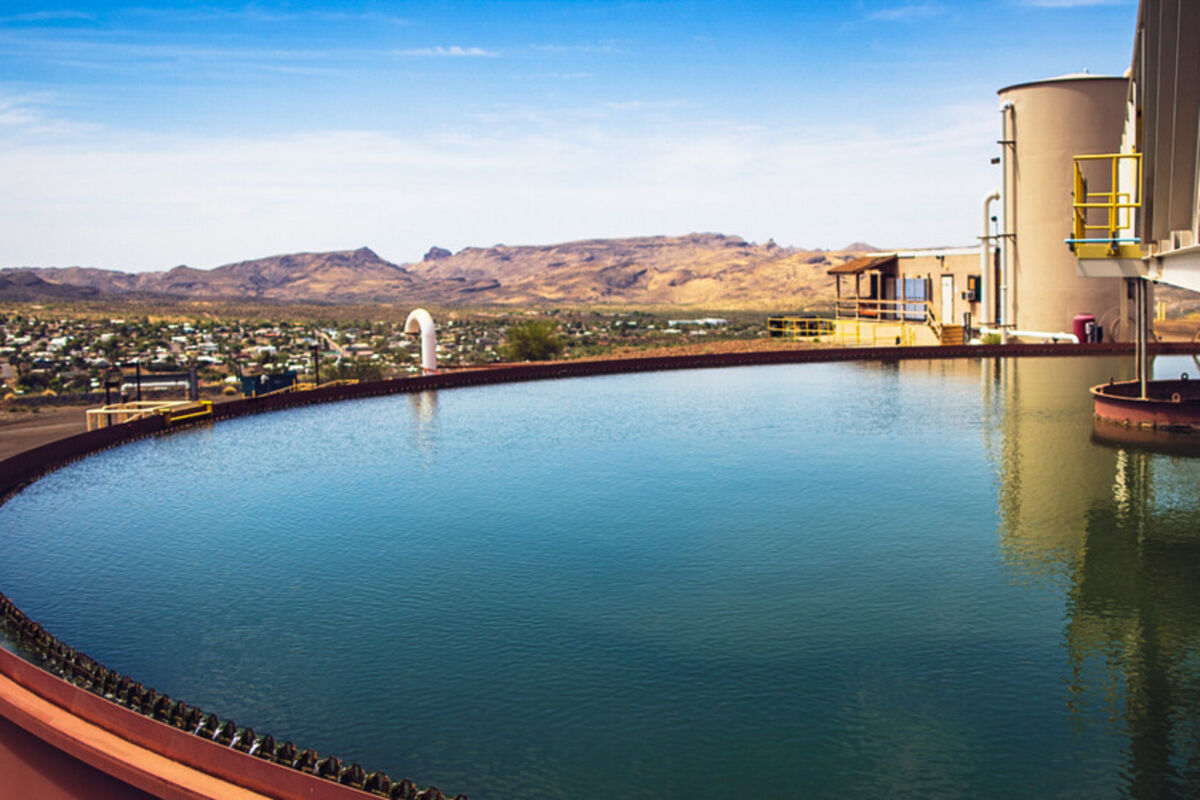 View over water storage tank toward the desert mining town of Superior, Ariz.