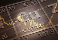 Periodic table symbol for copper with graph representing rising prices.