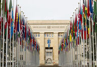 The outside of the UN building located in Geneva, Switzerland.