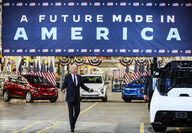 Biden under “A Future Made in America” banner at GM’s Factory Zero.