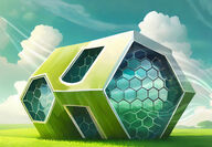 Illustration of a futuristic building with honeycomb openings in a grassy field.