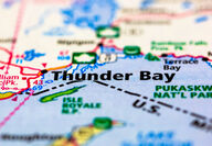 Closeup of Thunder Bay, Ontario, and Lake Superior on a map.