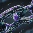 Chain with binary code representative of the digital links of blockchain tech.