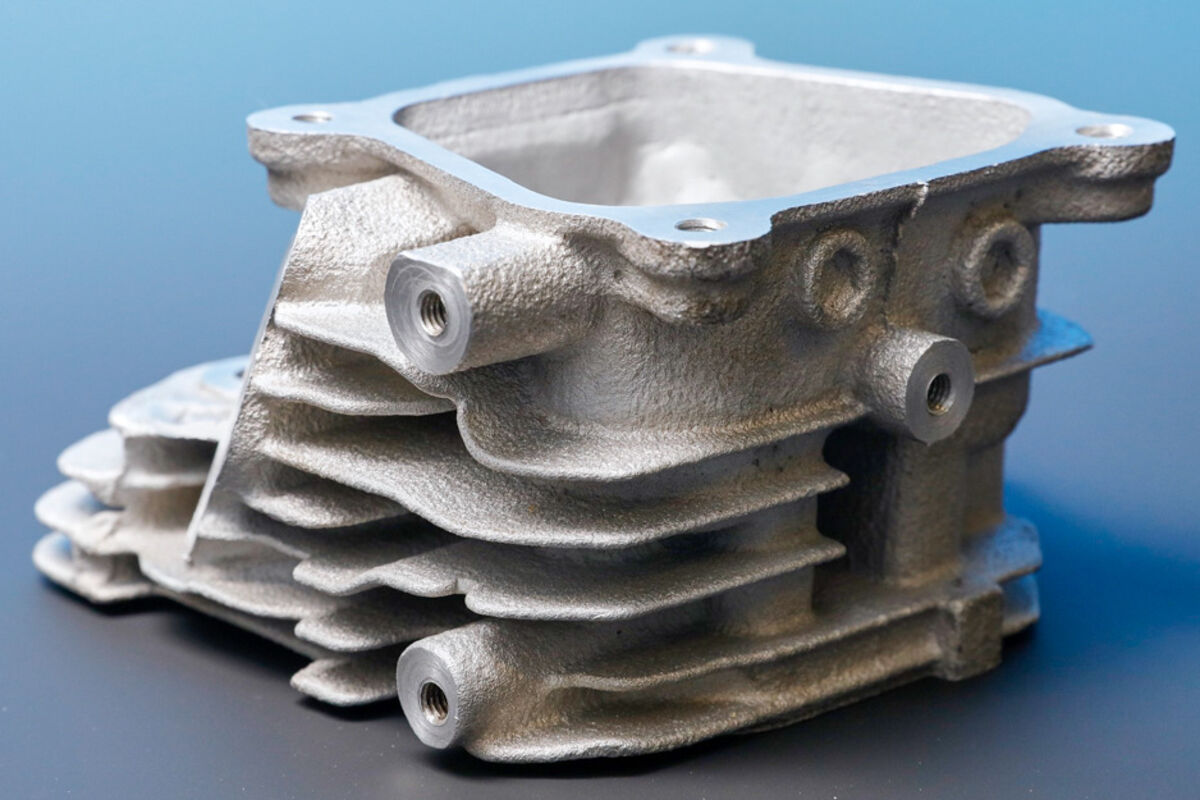 A metal 3D printed aluminum-cerium-magnesium engine head.