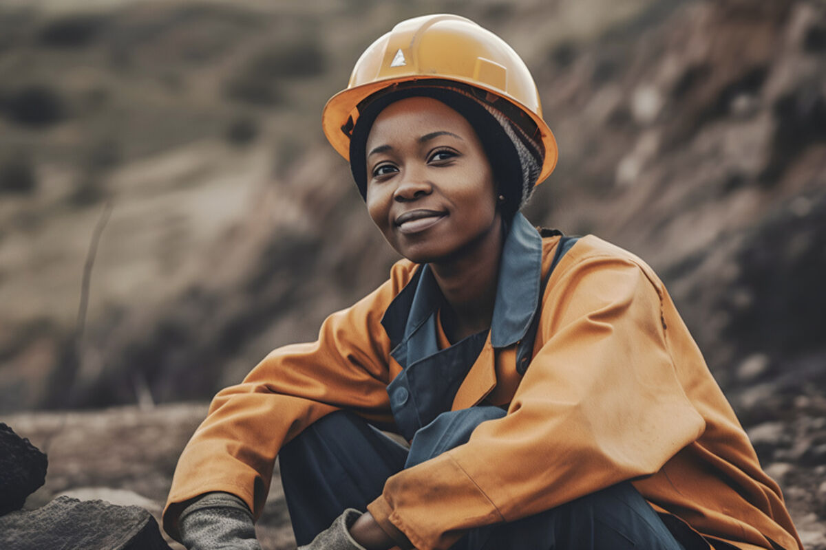 African woman mine worker wearing a hard hat smiles as she takes a rest.