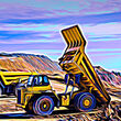 Colorful artistic rendering, reminiscent of Van Gough, of mining trucks.