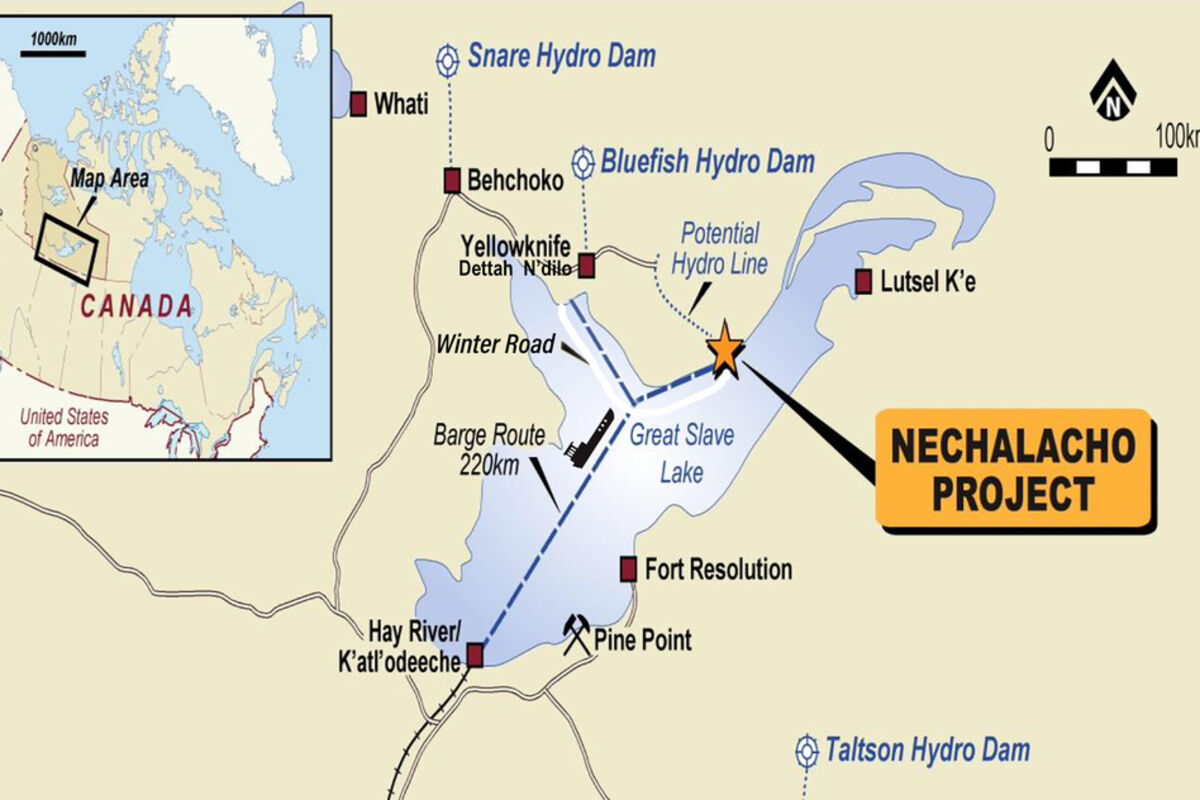 Map showing locale of the Nechalacho rare earths mine in Northwest Territories.