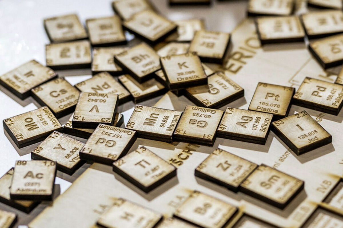 Wooden tiles with gallium, titanium, and other elements on the periodic table.