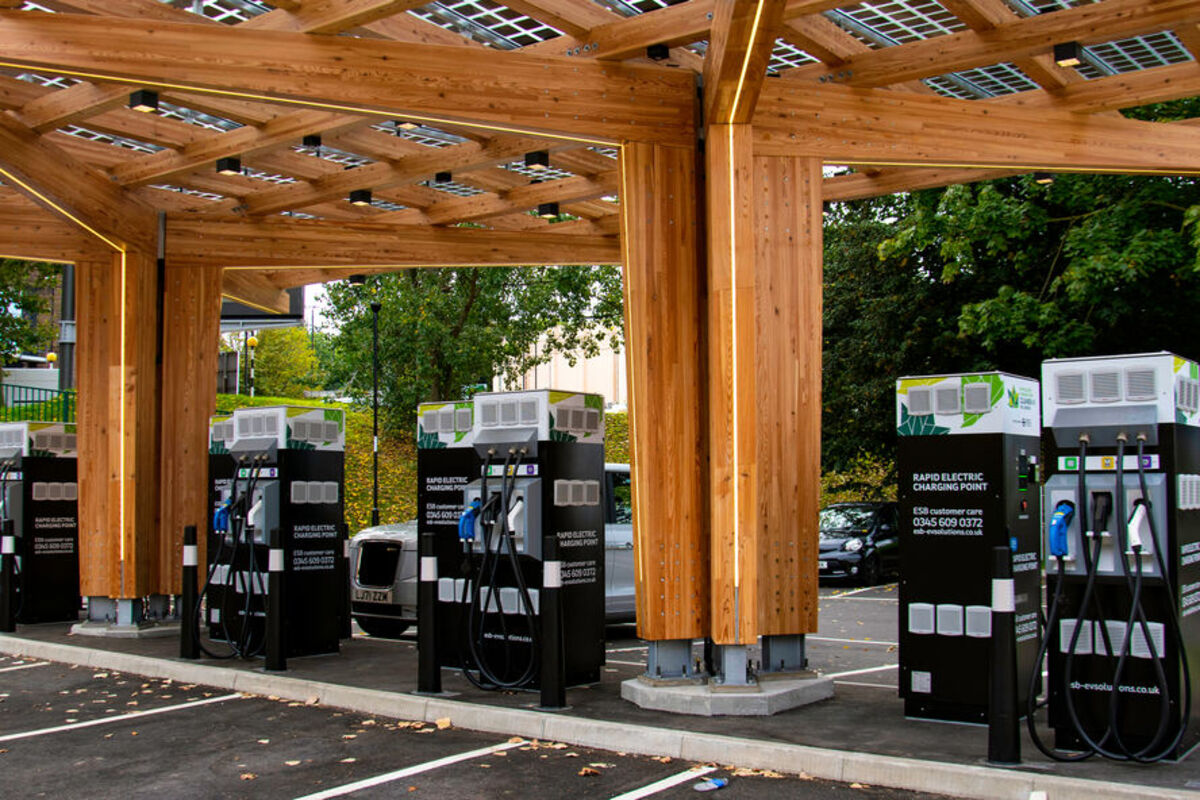 A rapid electric vehicle charging station in the United Kingdom.