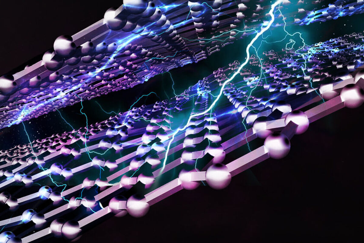 Rendering of electricity arcing between two graphene ribbons.