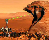 An artist's interpretation of the MLS Curiosity shooting a laser into Mars rock.