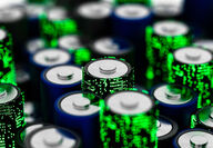 Computer graphic of lithium batteries imprinted with green digital dots.