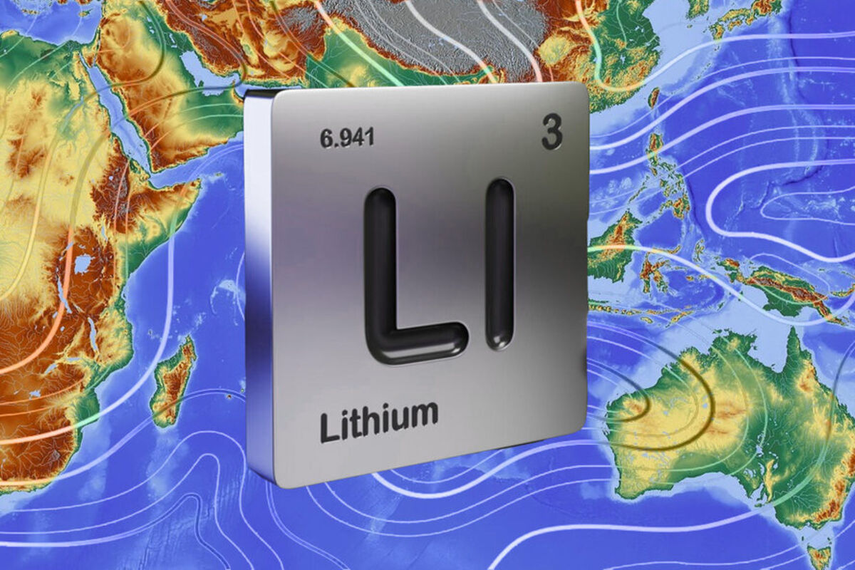Periodic table entry for lithium on a map of Africa, Asia, and Australia.