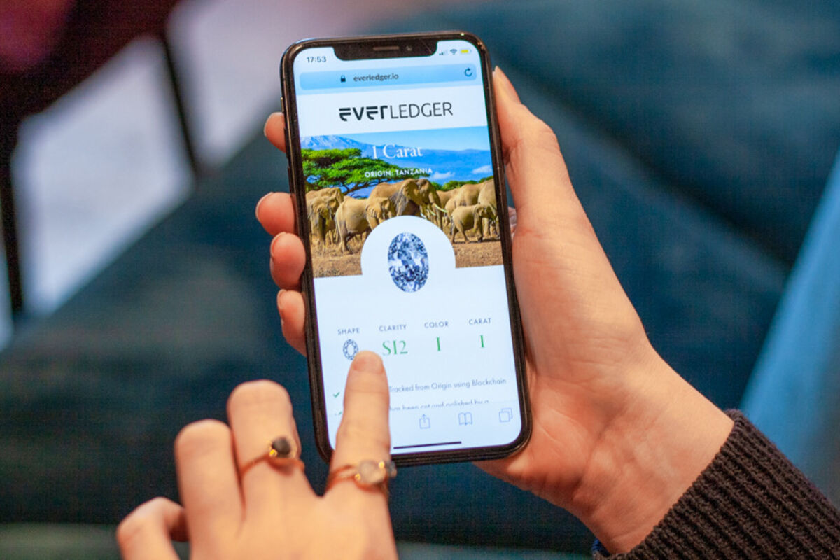 A phone app that shows a diamond being tracked by Everledger technology.