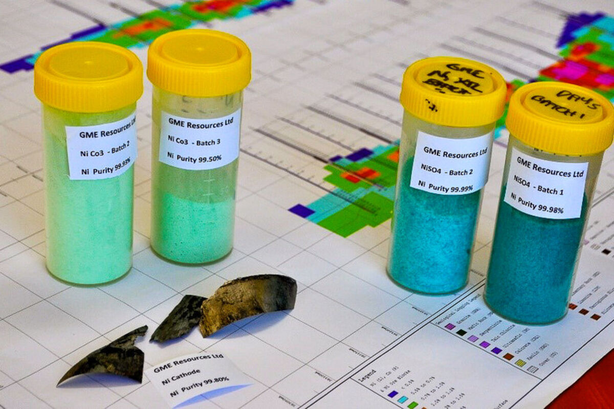 Bottles of high-grade nickel, cobalt products produced from testing at NiWest.