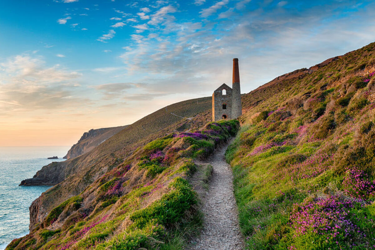 Engine house above 19th-century copper-tin mine in Cornwall, England.