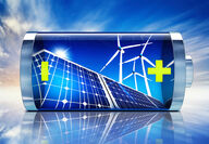 Artistic concept of battery storing wind and solar-generated electricity.