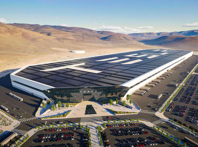 Aerial shot of Tesla’s lithium-ion battery gigafactory in Nevada.