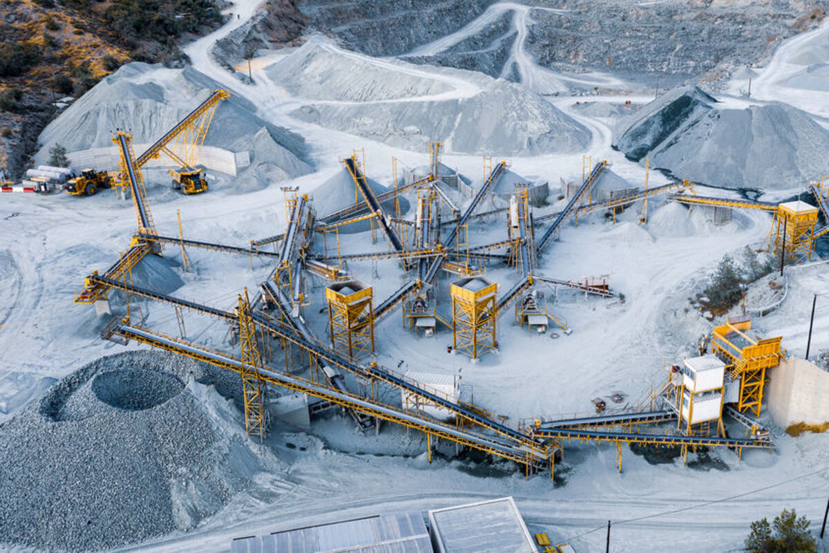 Aerial view of rock crushing and screen operation at a quarry in Cyprus.