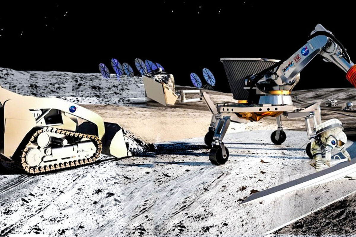NASA lunar mining for constructing habitat on Moon track loader solar panels