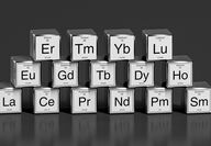 Cubes depicting the 15 rare earth elements as they appear on the periodic table.