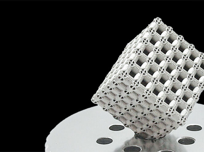A complex metamaterial metal cube printed using aluminum.